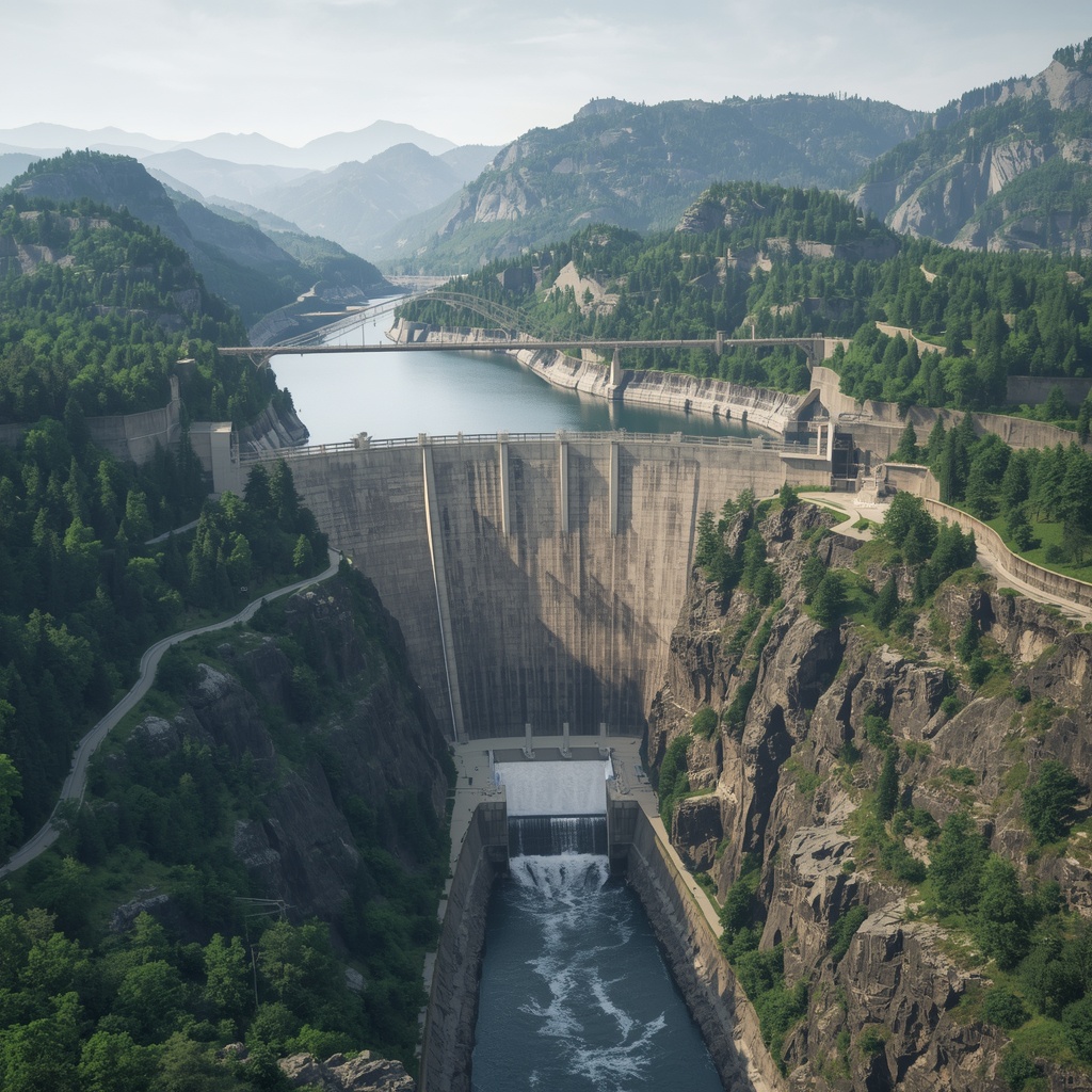 Large hydroelectric dam surrounded by mountains and lush forest, water flowing, photorealistic, 4k, no people