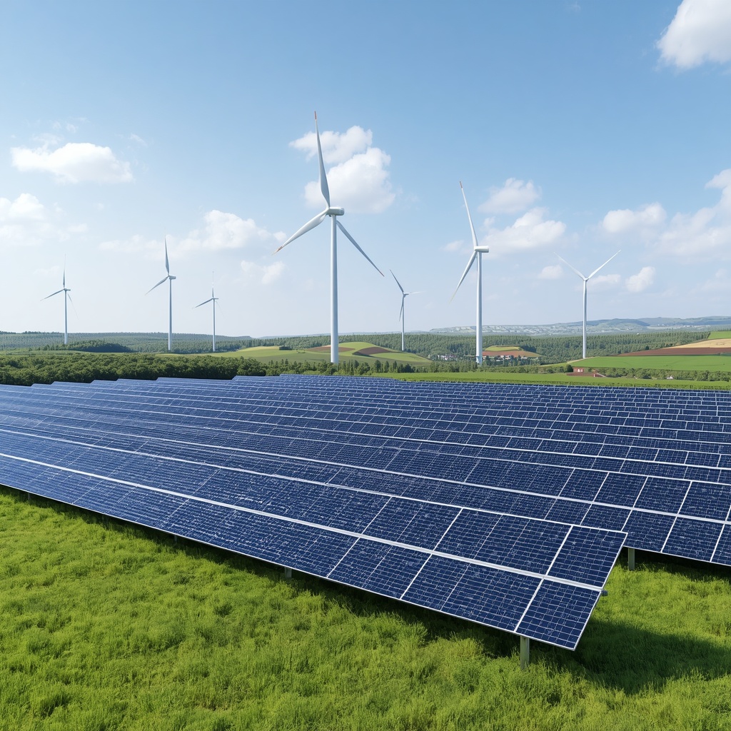 Panoramic landscape with solar panels and wind turbines coexisting in a clean energy farm, bright daylight, photorealistic, 4k, no people