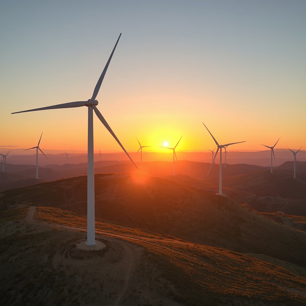 Modern white wind turbines on rolling hills during golden hour sunset, cinematic lighting, photorealistic, 4k, no people